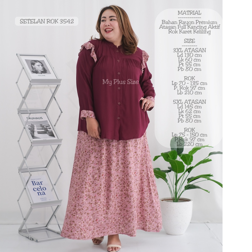 Setelan Rok Bunga Super Jumbo 3542, Ld 130 &amp; 145 cm