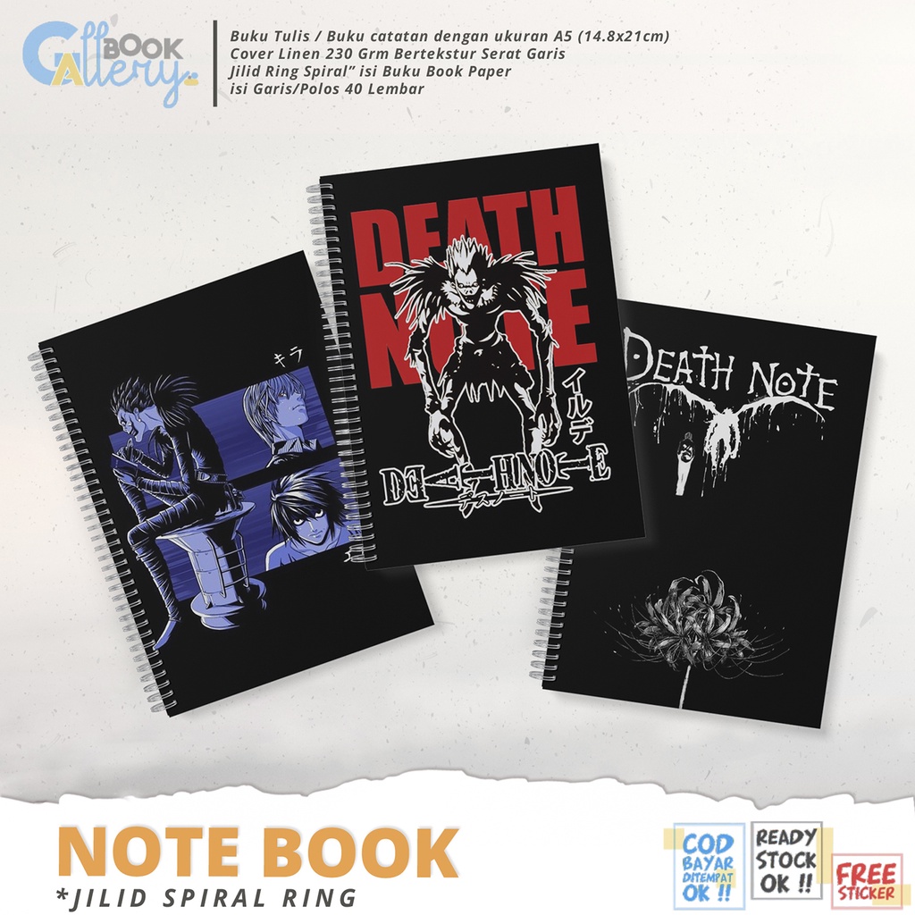

[SP] Buku Tulis / Buku Catatan / Note book Anime Death Note Jilid Ring Spiral Dengan isi Book Paper Garis/Polos 50 Lembar Free Poster dan Stiker Ukuran A5