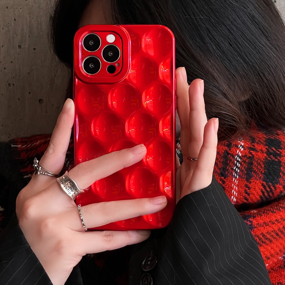 IPHONE Casing Ponsel Titik Gelombang Merah Metalik 3D Lucu Untuk Iphone13 11 12 14 Pro Max XS XR X14 Plus 13 12 Mini Lembut Silicone Cover Bumper