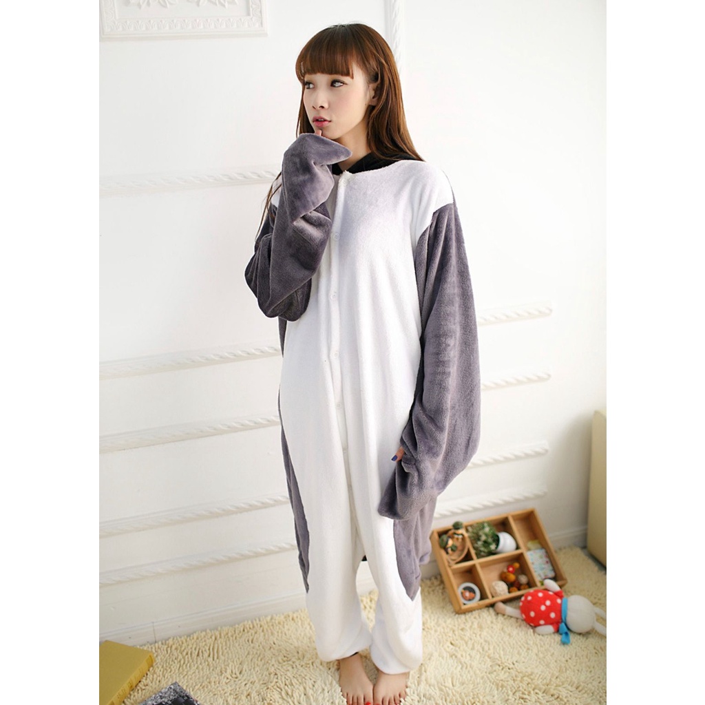 BAJU ONESIE PENGUIN HITAM ABU ABU KOSTUM PIYAMA PESTA KIGURUMI LEMBUT IMPOR