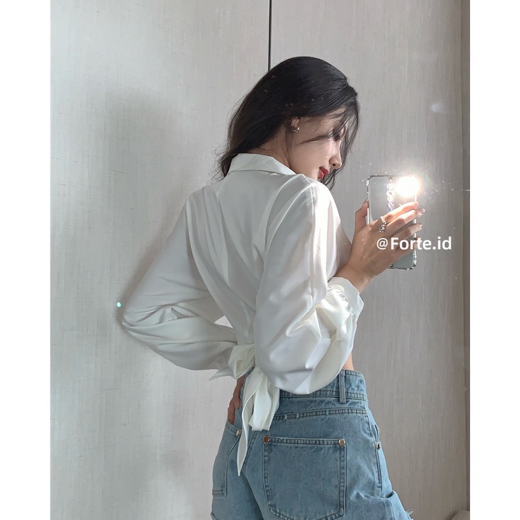 Wrap Top Putih Kemeja Lengan Panjang Wanita Terbaru Korean Style Blouse Crop