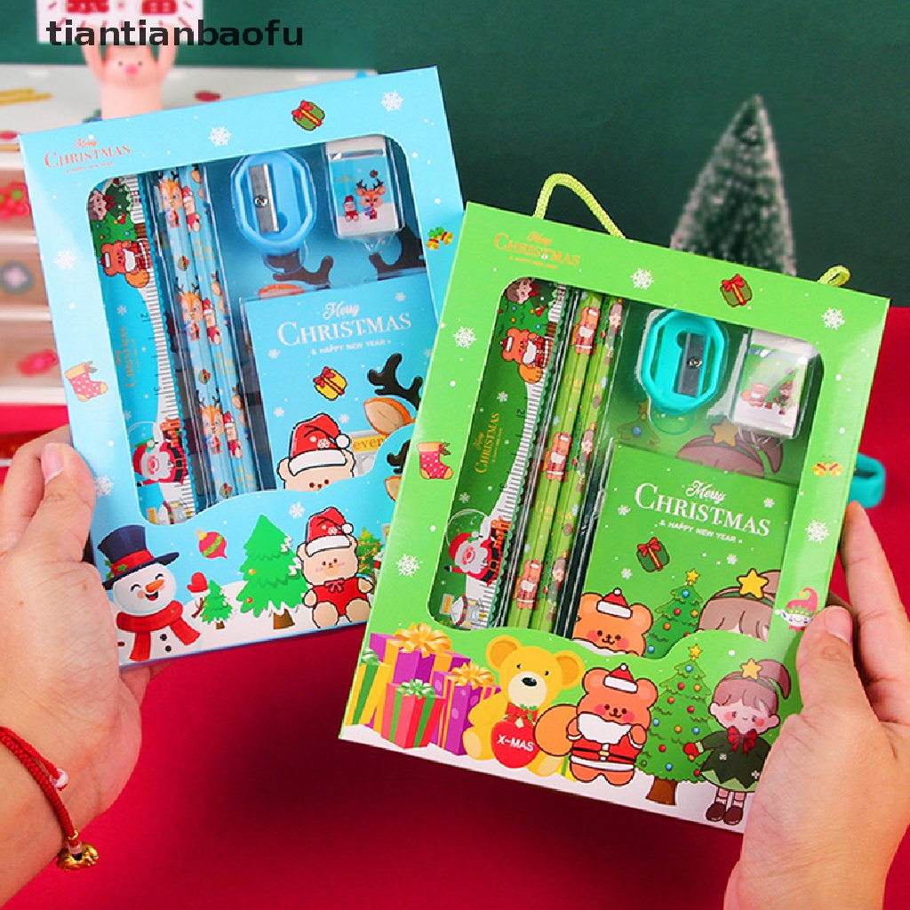 6pcs / Set Pensil + Penghapus + Penggaris + Serutan + Rautan + Rautan Motif Natal Untuk Stationery Anak / Sekolah / Kantor