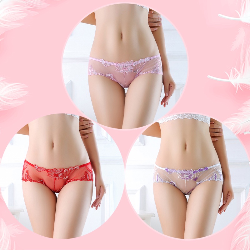 Celana Dalam Wanita Sexy Pola Bunga transparan Bordir Low Waist Celana Lingerie 3C173