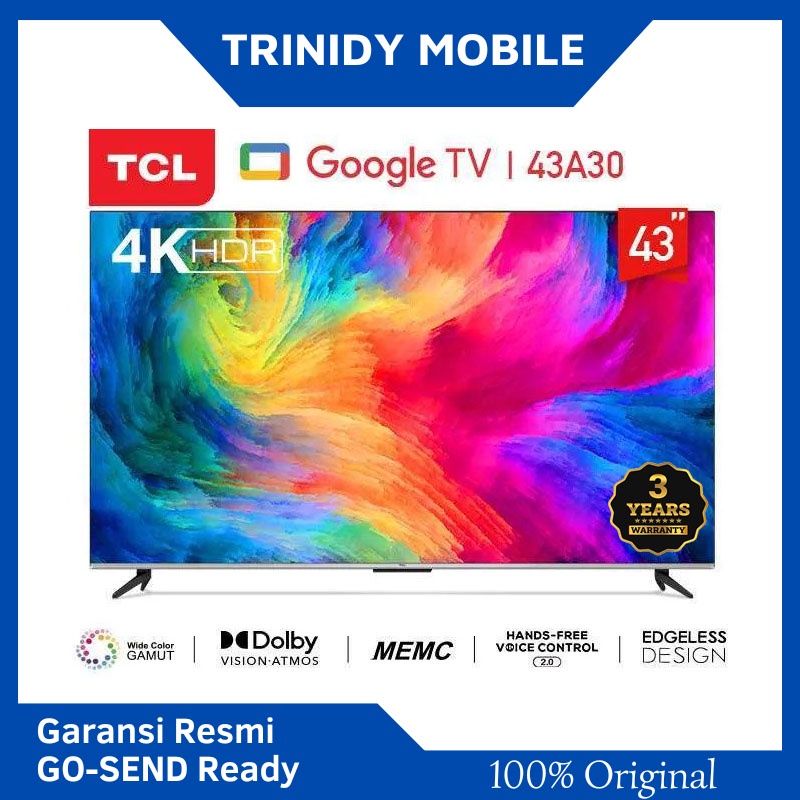 GOOGLE TV TCL Smart TV 43 inch 4K UHD Dolby Vision 43A30 Garansi Resmi