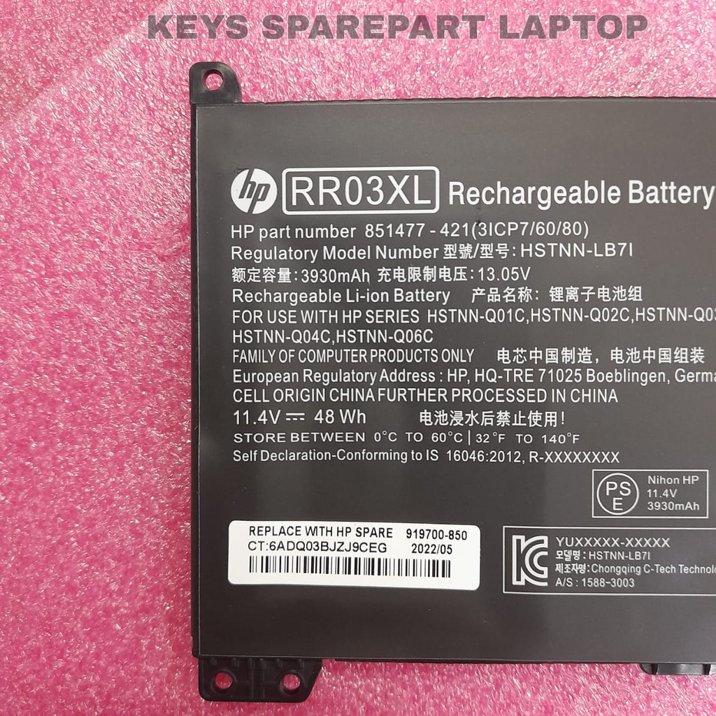 Baterai Battery Batre Laptop HP ProBook 430 440 450 455 470 G4 G5 RR03 MT20 RR03XL