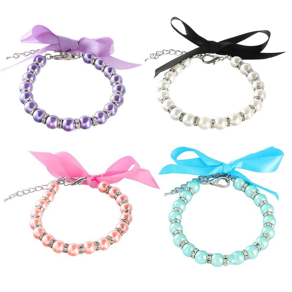 Solighter 2PCS Pet Mutiara Kerah Fashion Kucing Perlengkapan Produk Hewan Peliharaan Adjustable Bow Dog Bell