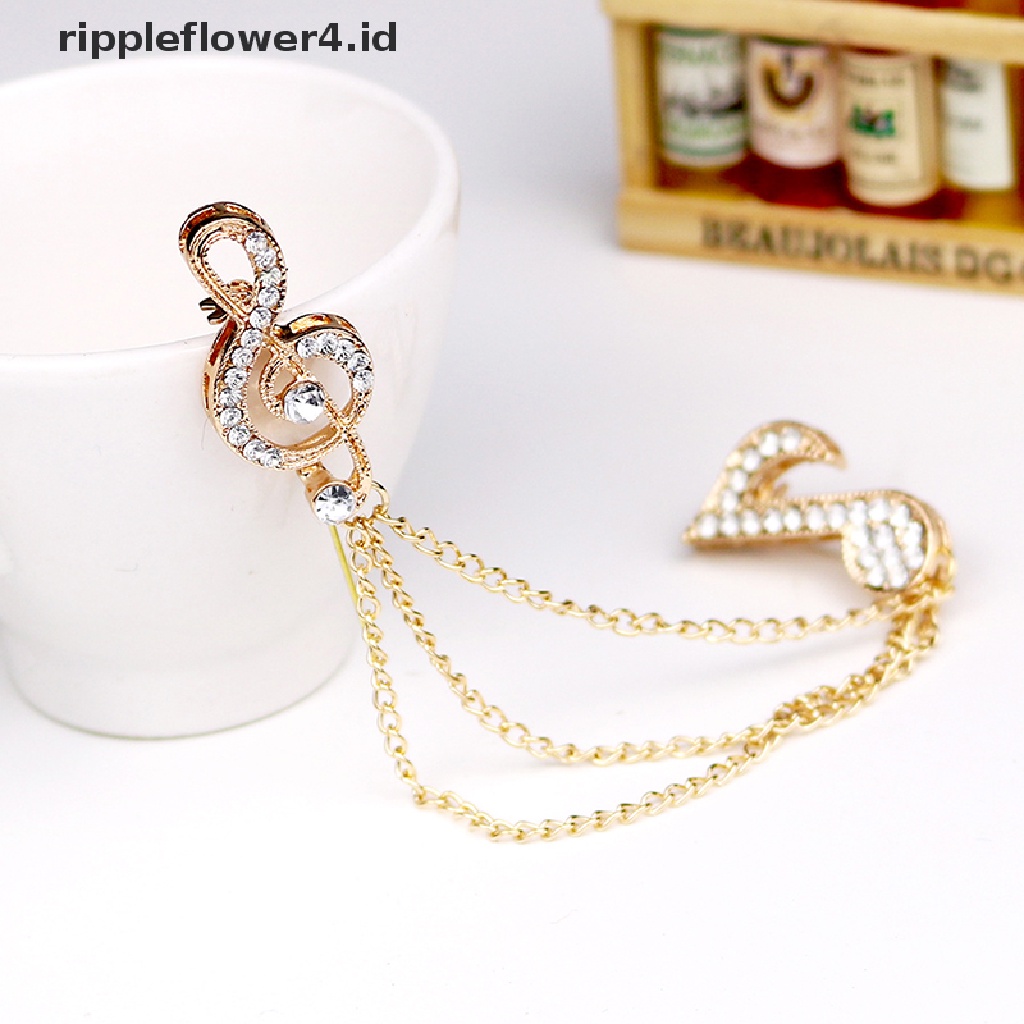 {rippleflower4.id} Kristal Rumbai Rantai Musik Catatan Bros Kerah Pin Unisex Lencana Bros Perhiasan~