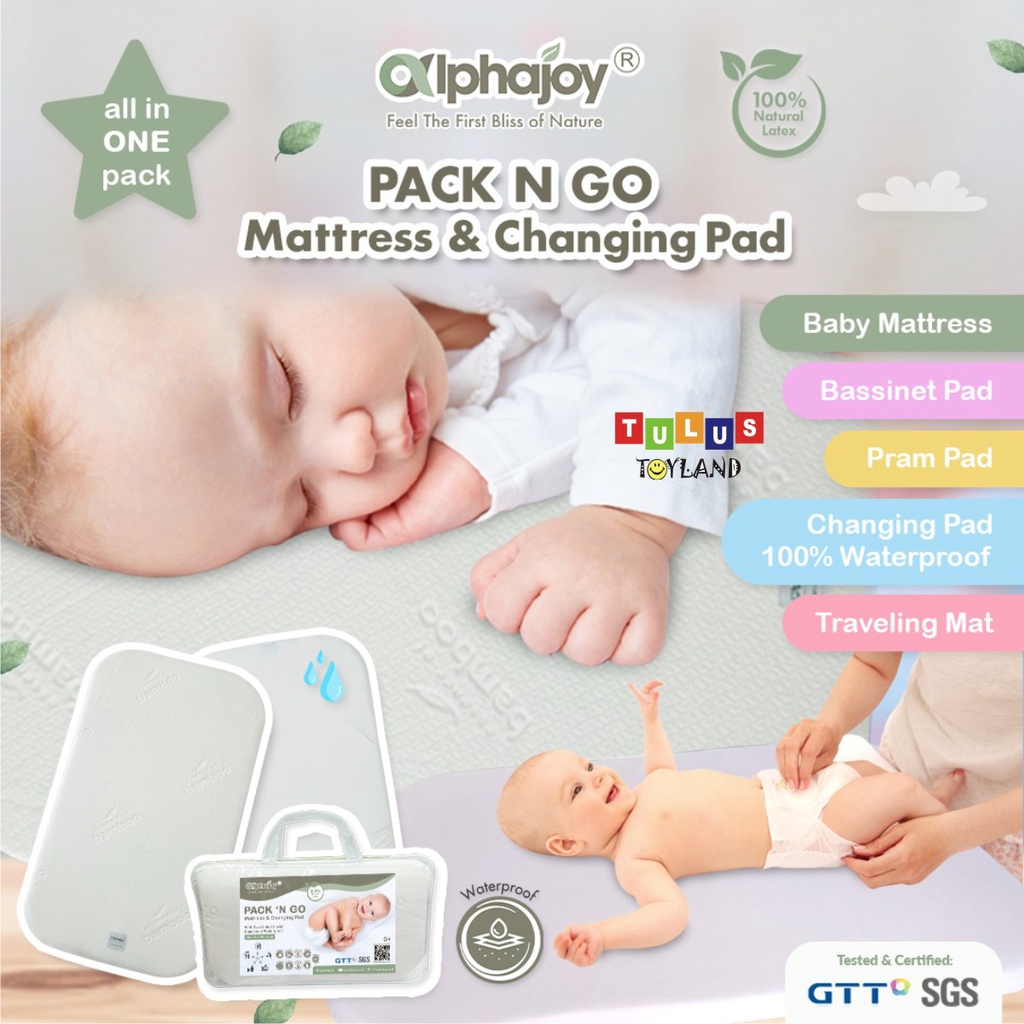 Alphajoy PACK N GO Mattress Changing Pad Latex Waterproof Alas ompol kasur tidur bayi fit to Pliko Vancouver Babyelle Novelty Babydoes Jiraff busa natural lateks bamboo bassinet matras traveling baby