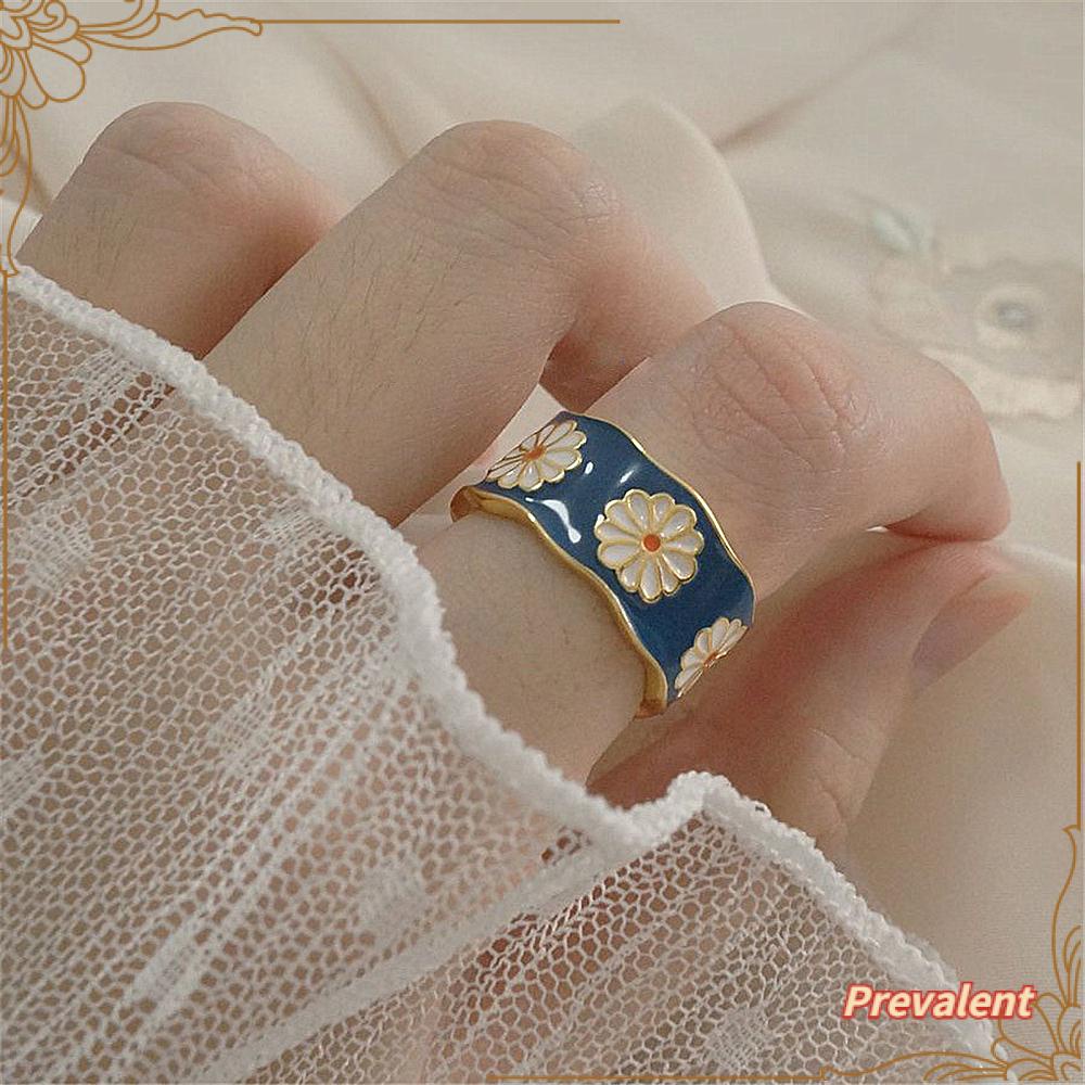 Preva Cincin Wanita Cincin Terbuka Segar Dan Elegan Cincin Motif Enamel Kecil Biru