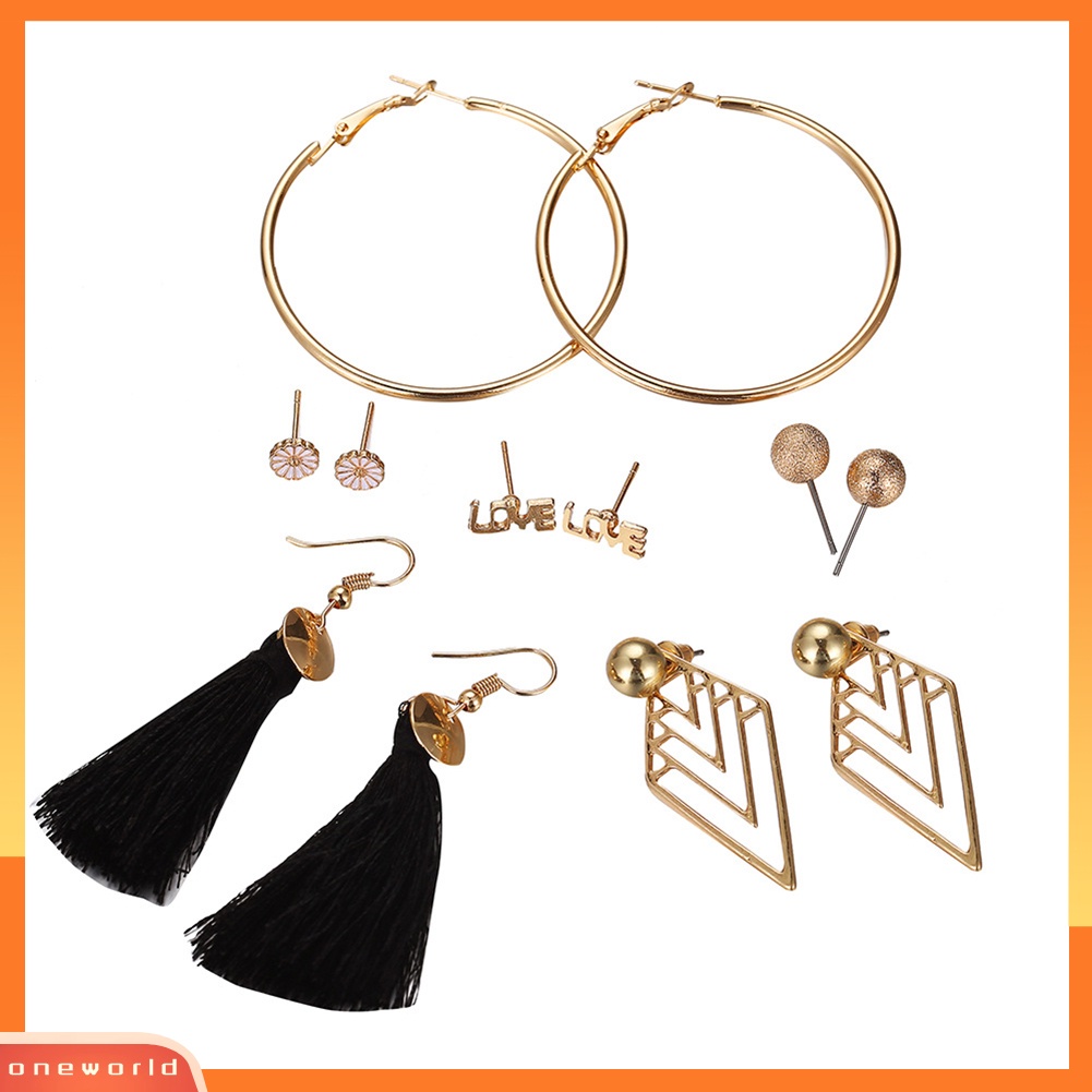 [WONE] 6pasang Wanita Bohemian Lingkaran Rumbai Anting Cinta Ear Studs Pesta Perhiasan Hadiah