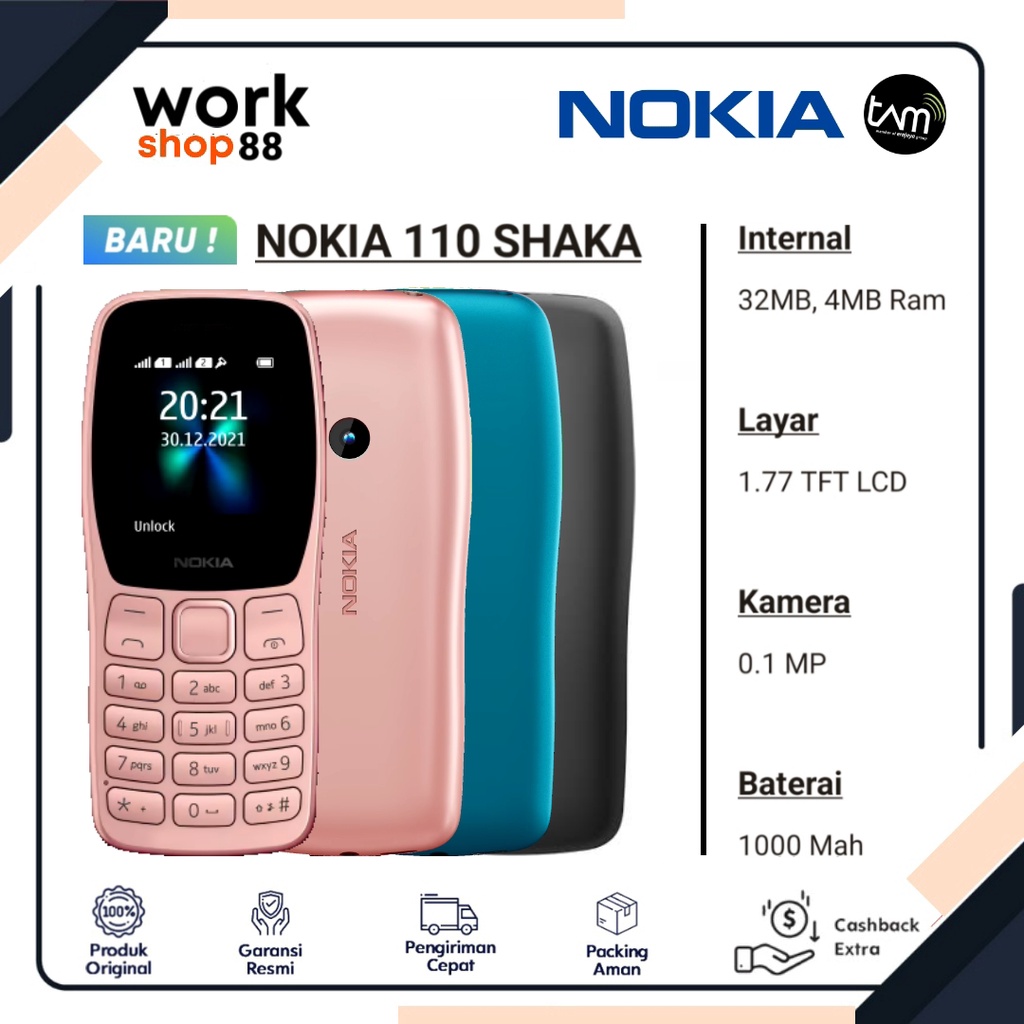 Produk Baru - HP Nokia 110 Shaka 2022 Dual Sim TA-1434 - New TAM Garansi Resmi 1 Tahun - Handphone Biasa Jadul NK DS Berkamera Kamera Baterai Pemakaian Tahan Lama Ori Original - Warna Terbaru Black Hitam Blue Cyan Biru Rose Gold Pink BBS - Promo murah