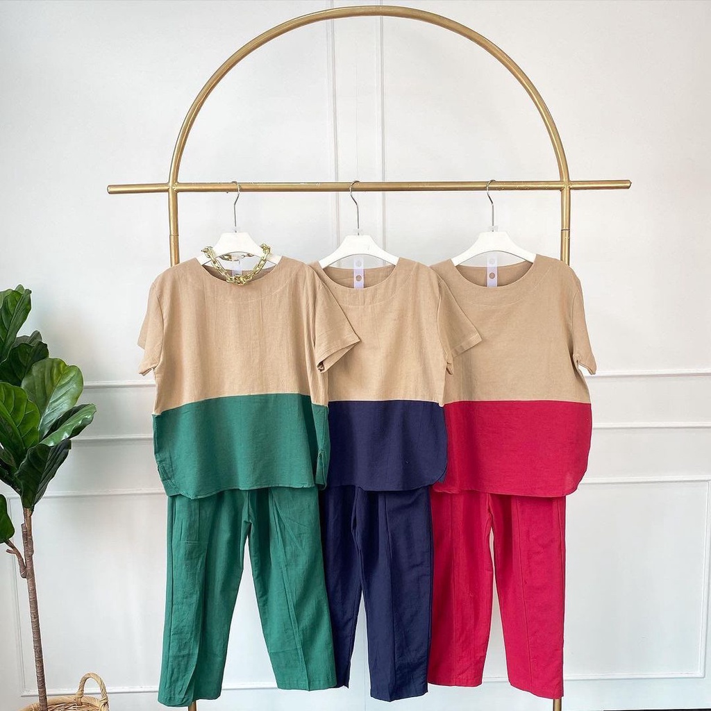 IK Rindiani set fashion wanita baju+ celana bahan Katun linen