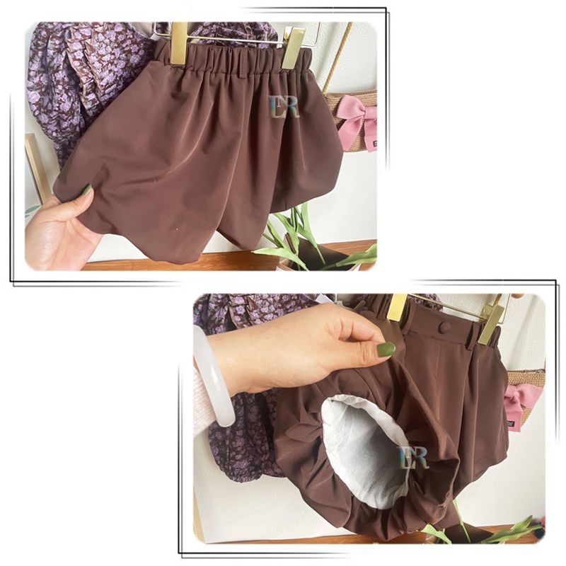 Setelan Dua Import Potong Lengan Panjang Balon Celana Pendek Untuk Anak Perempuan Girl Floral Bubble Sleeve Atasan Motif Bunga Musim Gugur Gaya Korea Kemeja Panjang Blouse