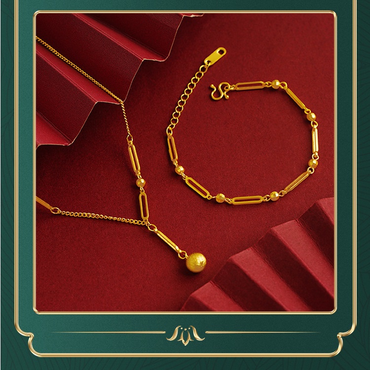 Goldkingdom Fashion Perhiasan Emas Asli Kadar 375 Bangkok Aksesoris Ready Stock Baru Emas Kalung Pria Dan Wanita Dengan Bola Dan Bing Liontin Geometris Gelang Gaya Retro