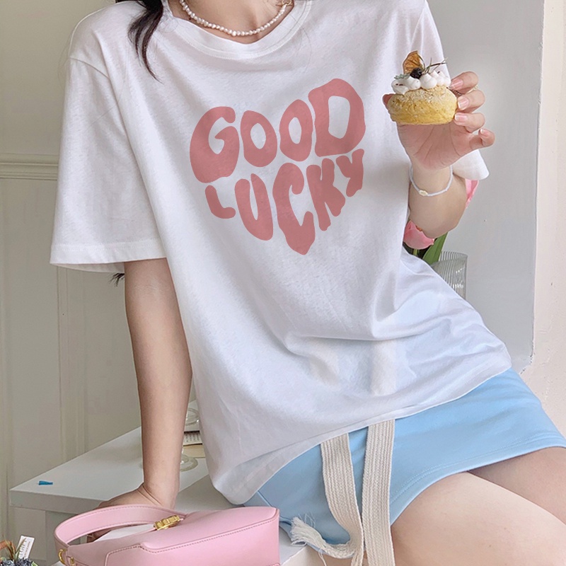 Print T-shirt Kaos Lengan Pendek Pink Heart Atasan Wanita Korean Style
