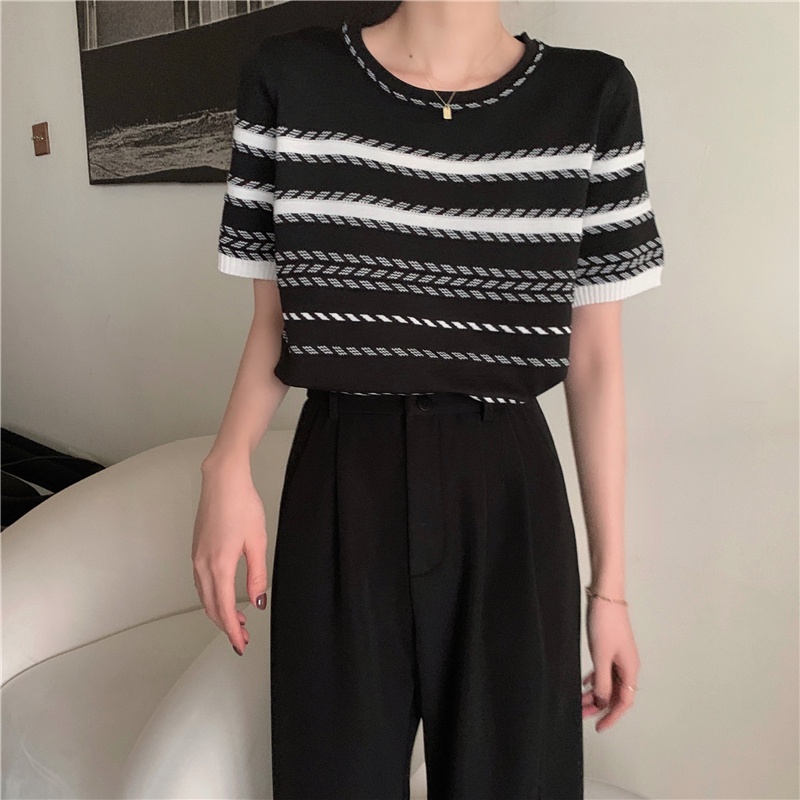 korean style stripe import kekinian kaos Lengan pendek Knit/baju atasan wanita