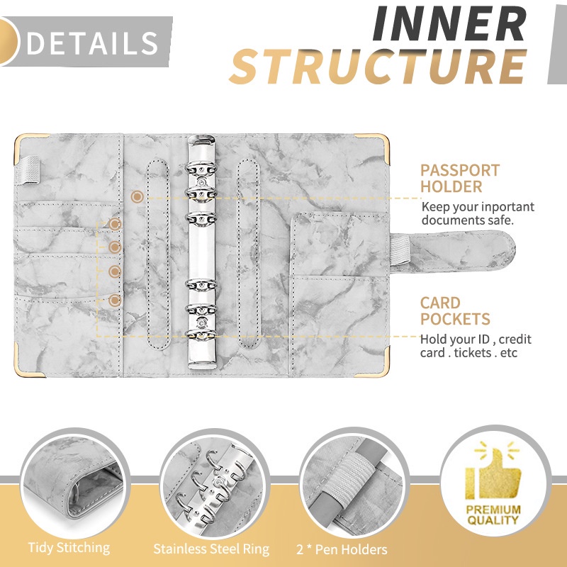 A6 Binder Penutup Marmer Sederhana Dengan Pelindung Sudut, Saku Beritsleting, Dan Amplop Uang Tunai Untuk Dana Anggaran.