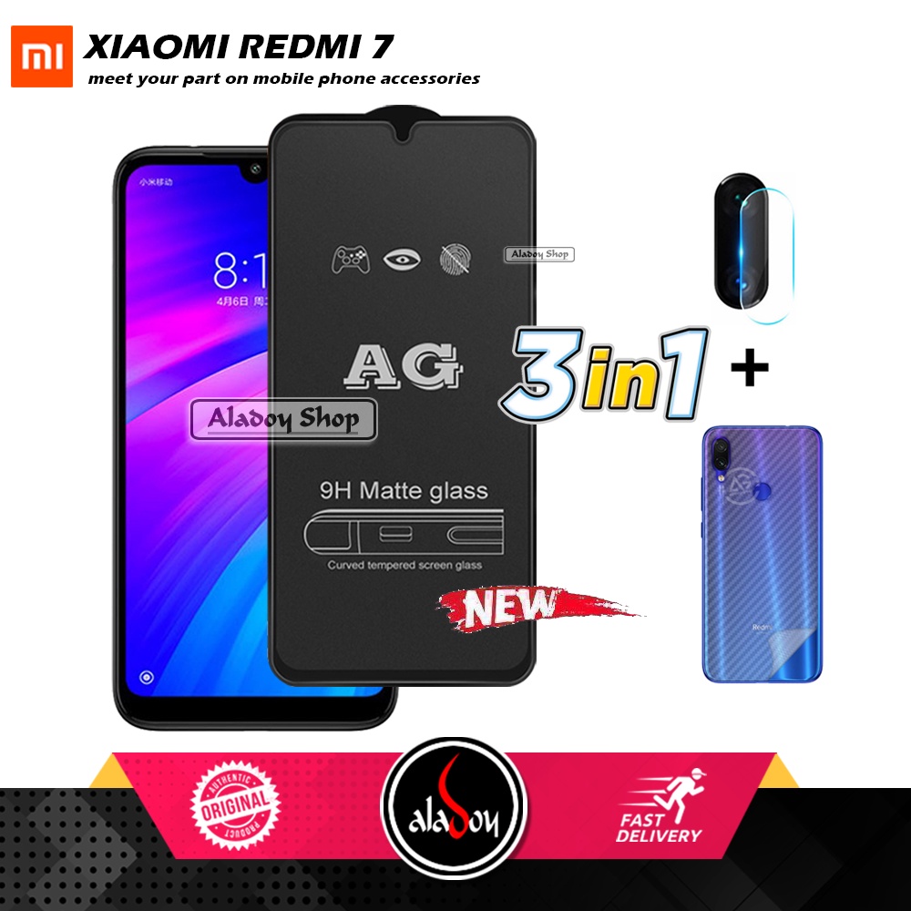 Paket 3IN1 Tempered Glass Layar Matte Anti Glare XIAOMI REDMI 7 Free Tempered Glass Camera dan Skin Carbon