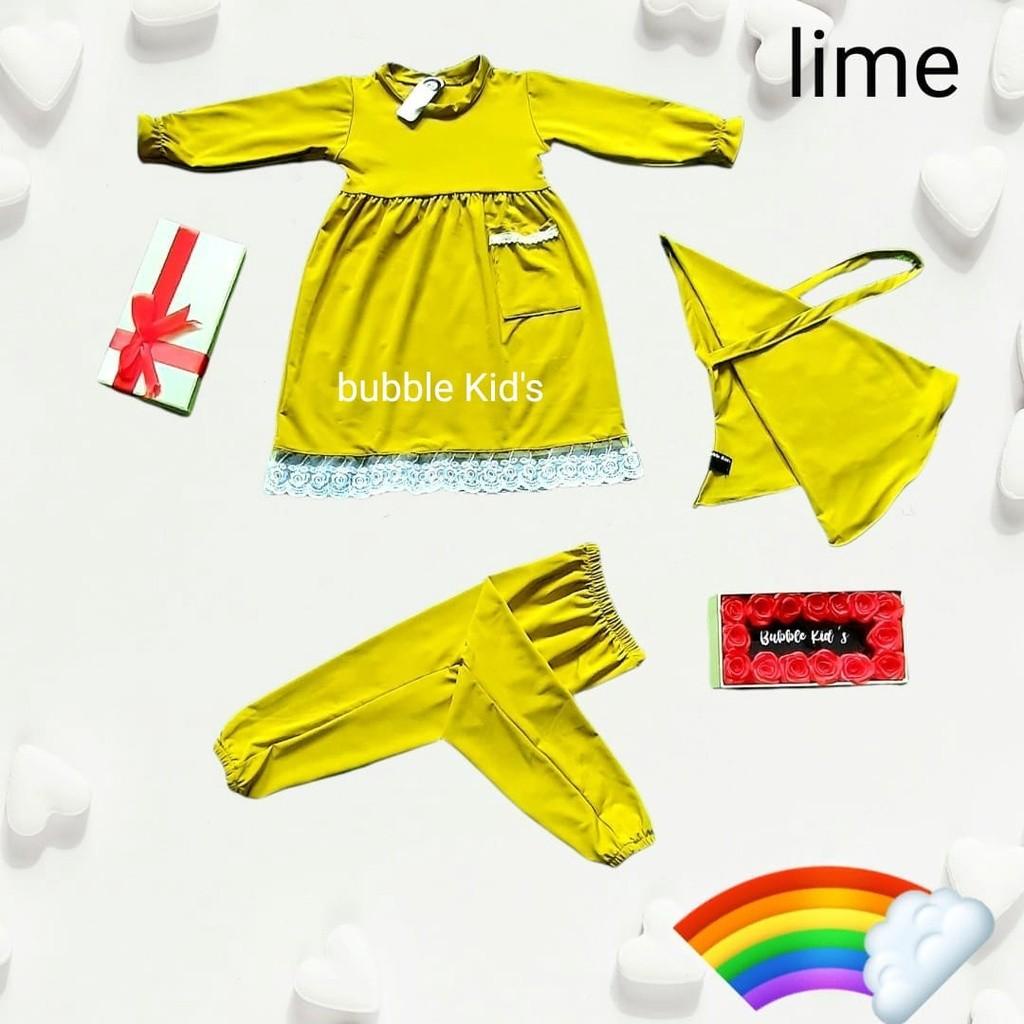 Setelan Gamis Hijab Alena Bayi Anak Balita Bubble Kids Renda Katun Spandek Jersey 0-2 Tahun Pakaian lime