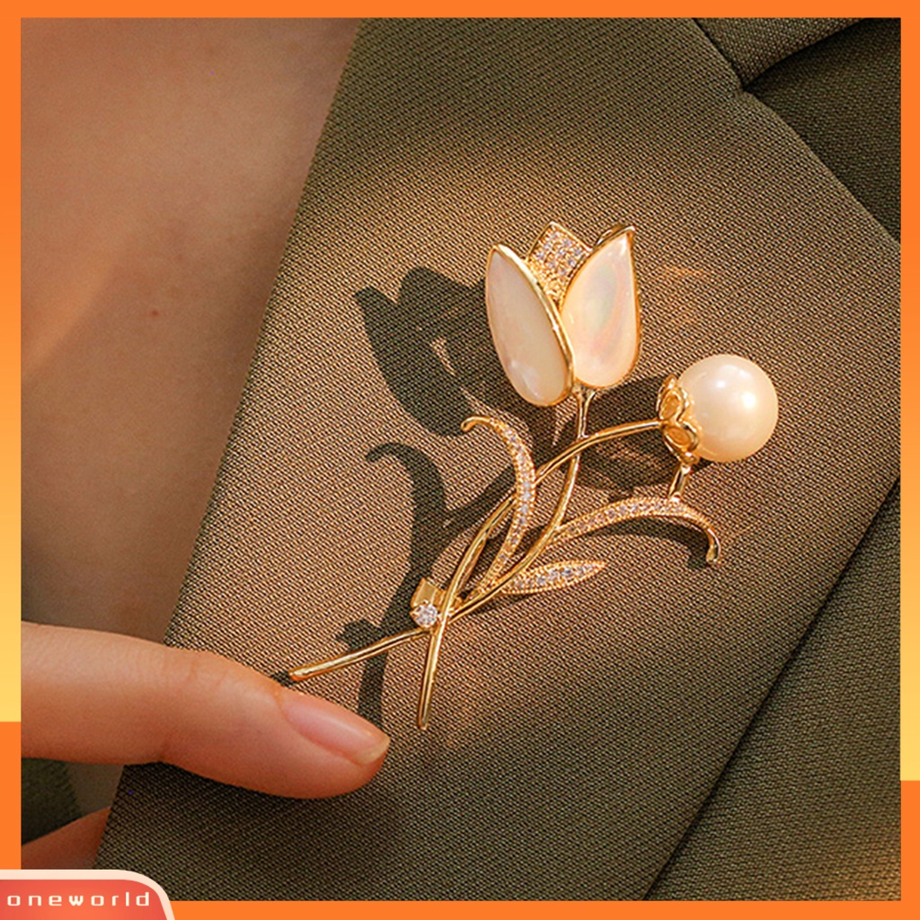 [WONE] Bros Pin Bentuk Tulip Manik Putih Hias Dekorasi Temperamen Pakaian Pencocokan Perhiasan Aksesoris Wanita Mutiara Berlian Imitasi Pin Untuk Pacaran