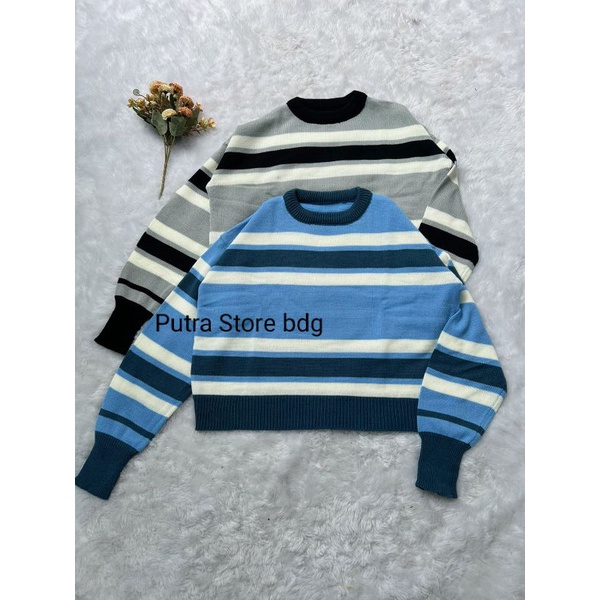 Maudy Strip sweater crop rajut wanita