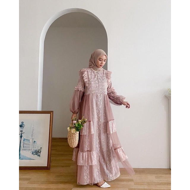 Deviena Dress Brukat Mix Tille Ld 110/Dress Brukat Kondangan/Dress Bridesmaid/Dress Pesta/Dress Tille Mewah/Dress Sage