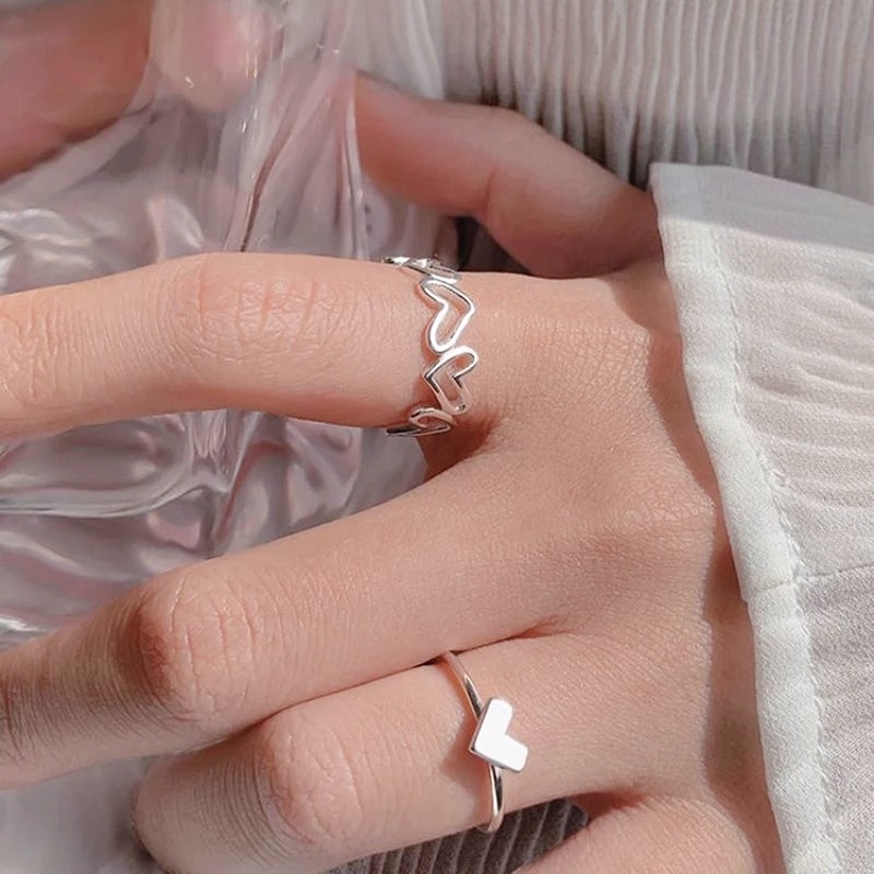 2pcs /Set Bentuk Hati Kepribadian Sederhana Unisex Ins Gaya Cincin Terbuka Dapat Disesuaikan Keren Gadis Pasangan Pesta Populer Fashion Jari Telunjuk Cincin Berongga Cinta Cincin Perhiasan Hadiah Aksesoris