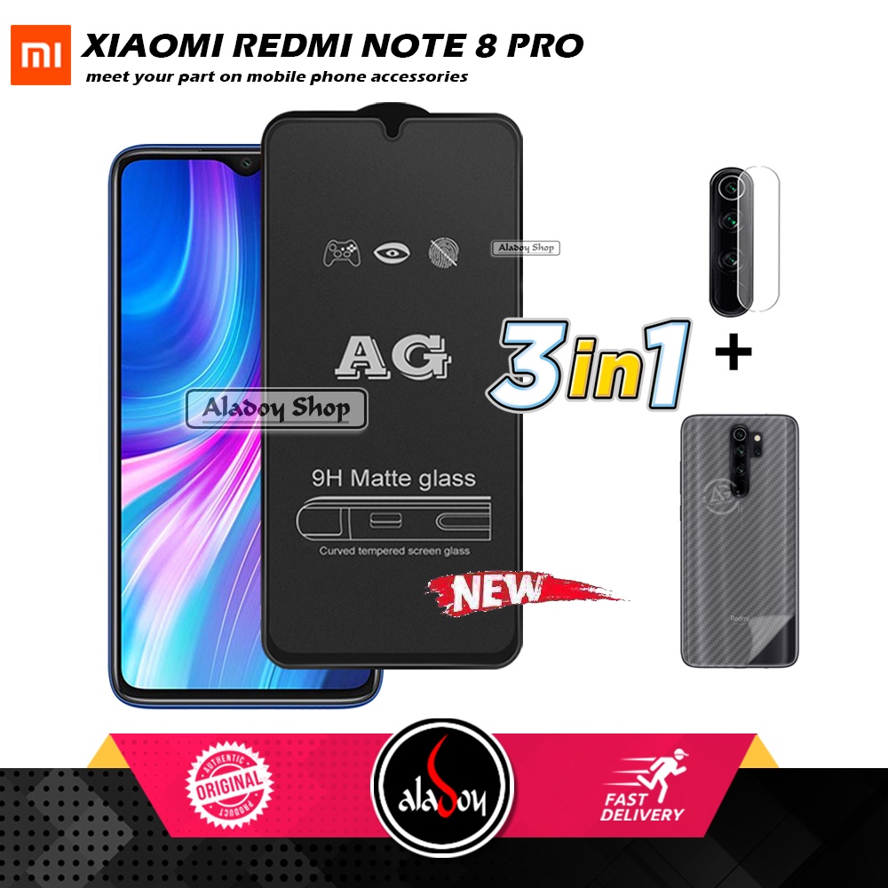 Paket 3IN1 Tempered Glass Layar Matte Anti Glare XIAOMI REDMI NOTE 8 PRO Free Tempered Glass Camera dan Skin Carbon