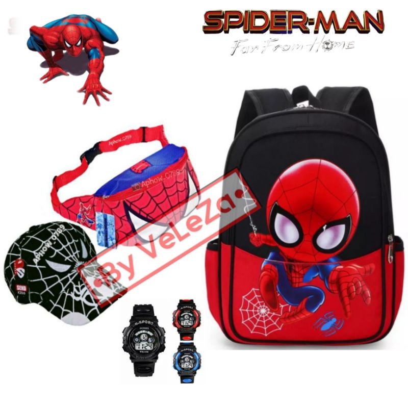 Tas ransel anak canvas karakter Spiderman gratis waistbag topi jam tangan - tas anak