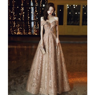 One shoulder evening dress gold long annual conference dinner dress charm host dress