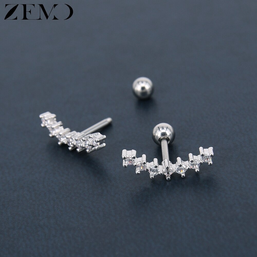 1pasang 4warna CZ Anting Tindik Tulang Rawan Telinga Bola Sekrup Perhiasan Stainless Steel Bentuk Melengkung Stud Earrings