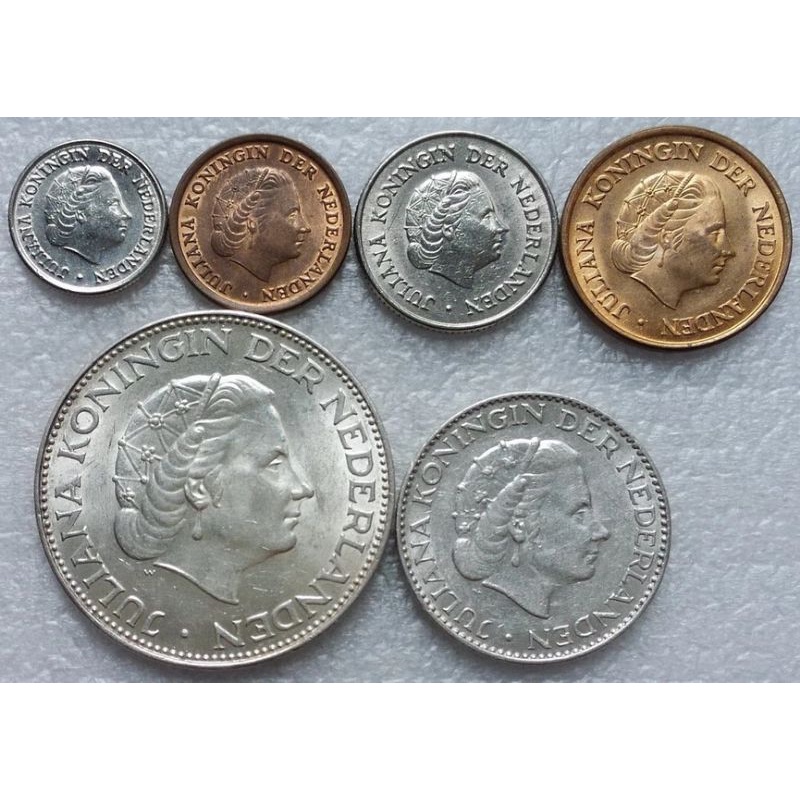 Belanda set 6 keping koin netherland 1 cent 5 cent 10 cent 25 cent belanda 1 gulden 2 1/2 gulden juliana koningin