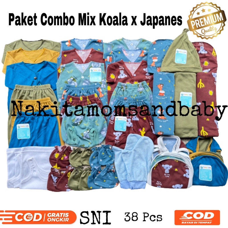 38pcs Paket Lahiran lengkap Mix  polos Japan dan printing koala Perlengkapan baju bayi celana kado baru Lahir SNI promo 8.8