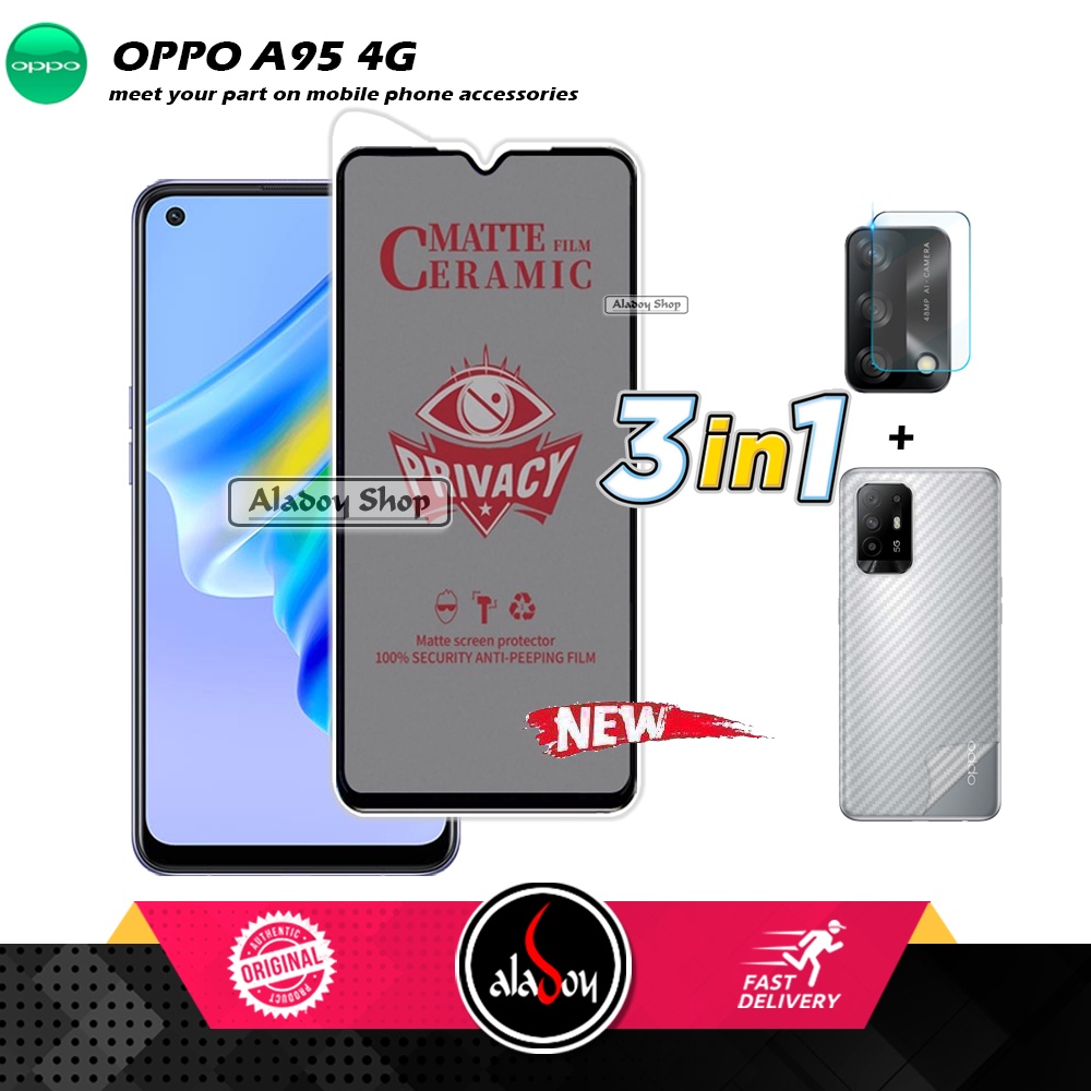 Tempered Glass Anti SPY Oppo A95 4G Anti Gores Privacy + Tempered Glass kamera dan Skin Carbon
