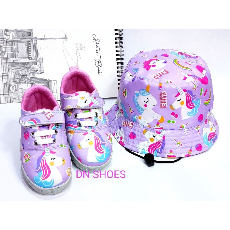 Paket Sepatu Sneakers Anak Bucket Anak Paket Sepatu Tali Anak Bucket Hat Anak Perempuan Lucu Karakter Unicorn Cute Ungu