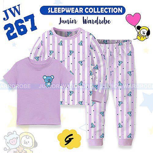 Baju Tidur Anak Perempuan WArna Ungu BT21 Anak 2 Tahun Setelan 3in1