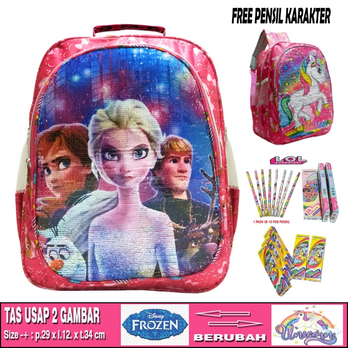 APPA Tas Ransel Anak Prempuan Sekolah Sequin Usap 2 Gambar Karakter FROZEN - UNICORN