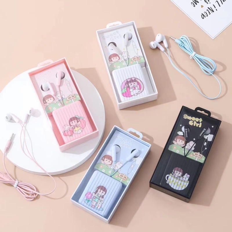 [ XY 76 ] SET Headset Earphone karakter model XY 76 motif  SWEET GIRL series plus  Wadah Earphone Motif KARAKTER IN EAR