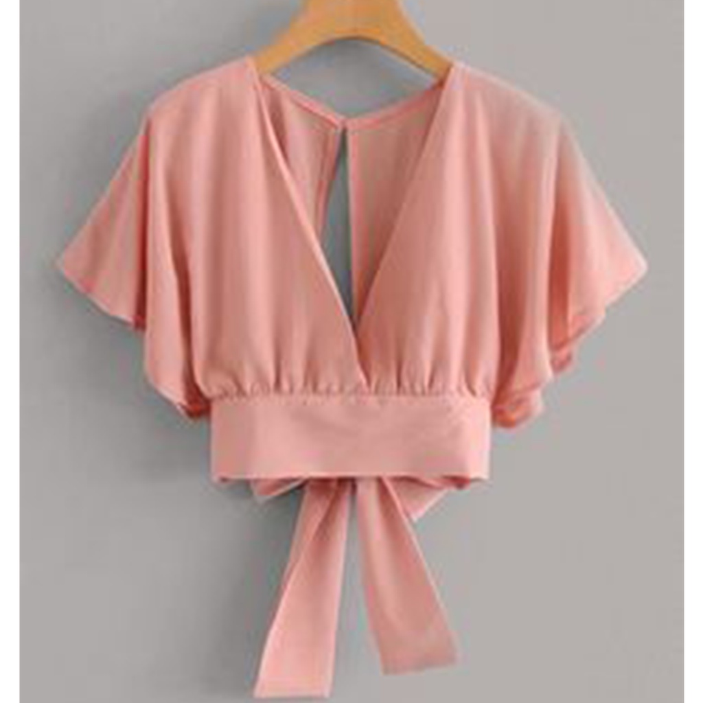 Femei Outer Blouse Bahan Crinkle Air Flow Crop Top Atasan Wanita Korean Style