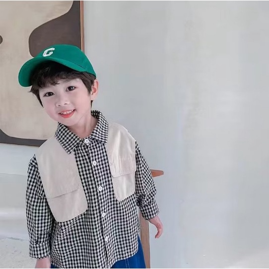 Kemeja anak cowok import Baju anak import atasan anak import baju anak kemeja KOTAK KOTAK KANTONG CREAM