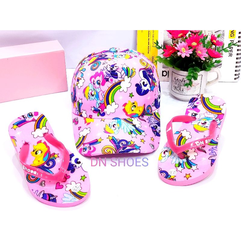 Paket Topi Anak Perempuan Sandal Jepit Anak Perempuan Paket Sandal Flat Anak Topi Baseball Anak Lucu Murah Karakter Kuda Poni Rainbow Pink