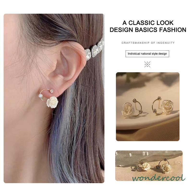 Anting Berlian S925 Perak Pengadilan Vintage Mawar Elegan Lembut Temperamen Estetika-Won