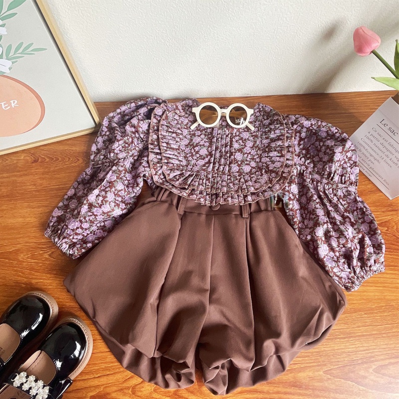 Setelan Dua Import Potong Lengan Panjang Balon Celana Pendek Untuk Anak Perempuan Girl Floral Bubble Sleeve Atasan Motif Bunga Musim Gugur Gaya Korea Kemeja Panjang Blouse