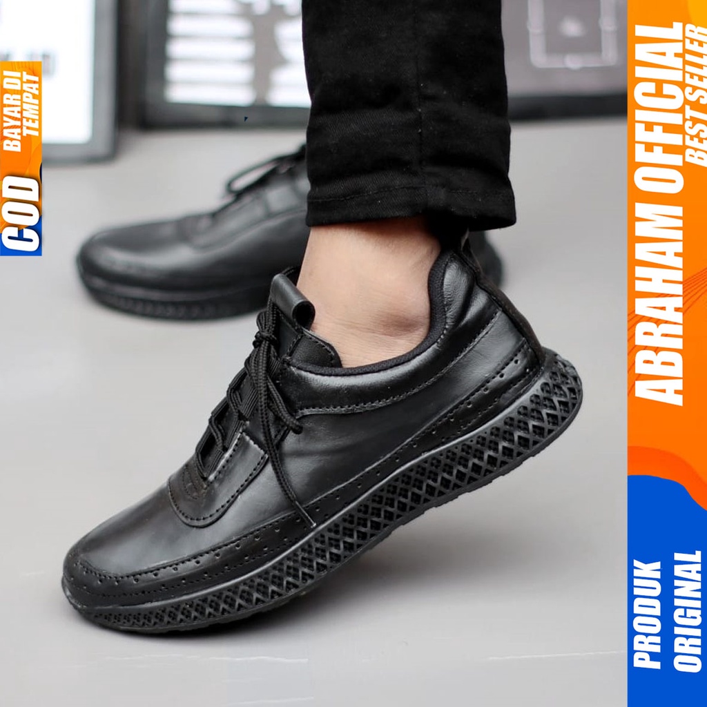 Sepatu Pantopel Kerja Formal Kulit Asli Full Hitam Casual Pria Abraham Blosom