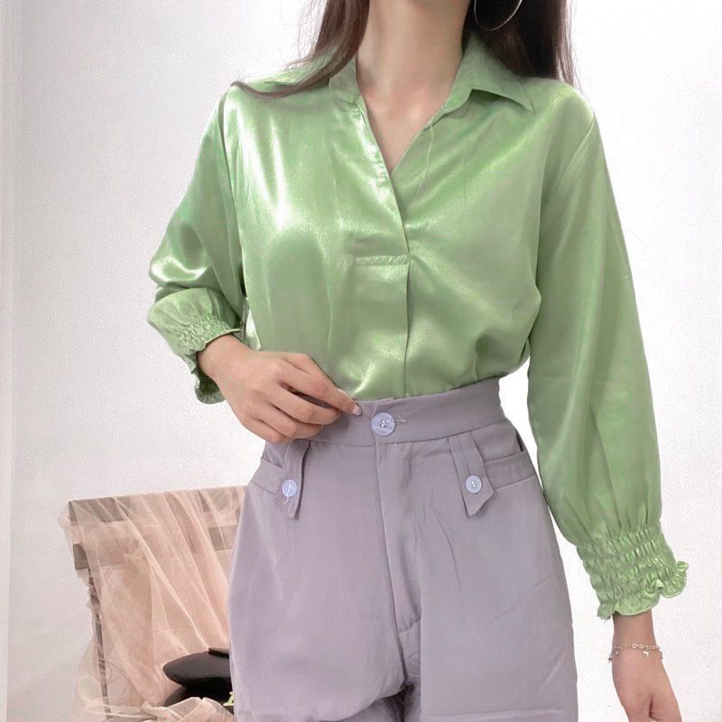 Olla Kemeja Blouse Kerja Wanita Crinkle Kerah V