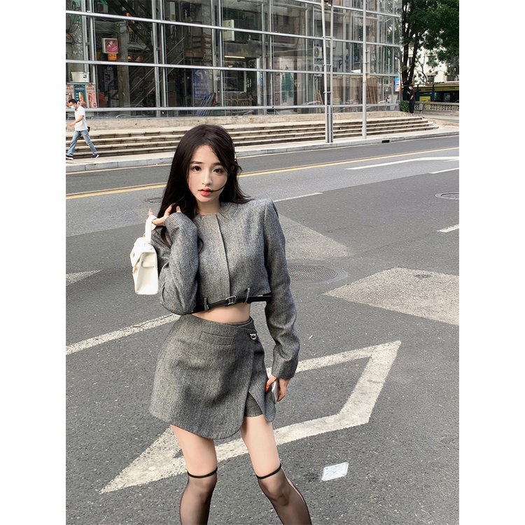 ۞﹊Suhao Vintage Fashion Set Kemeja Lengan Panjang Dipotong Top Wanita Musim Gugur Spice Girls Seksi Tas Hip Rok Dua Potong set