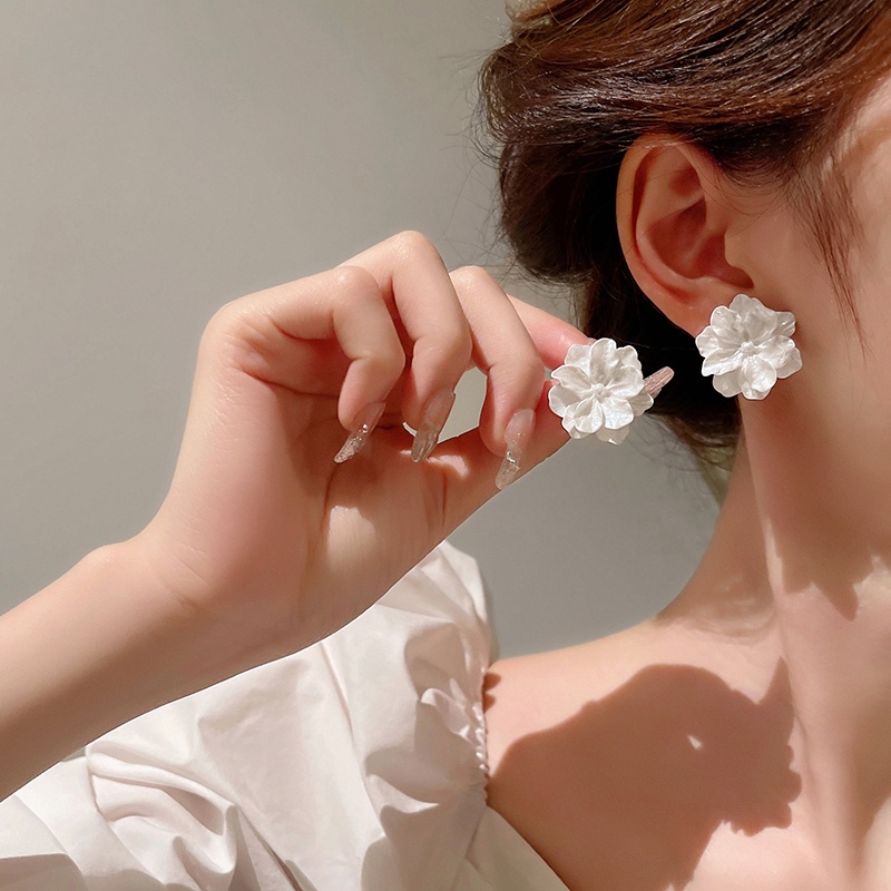 Korea S925 Perak Strud Anting Untuk Wanita Fashion Putih Bunga Earing Aksesoris Perhiasan