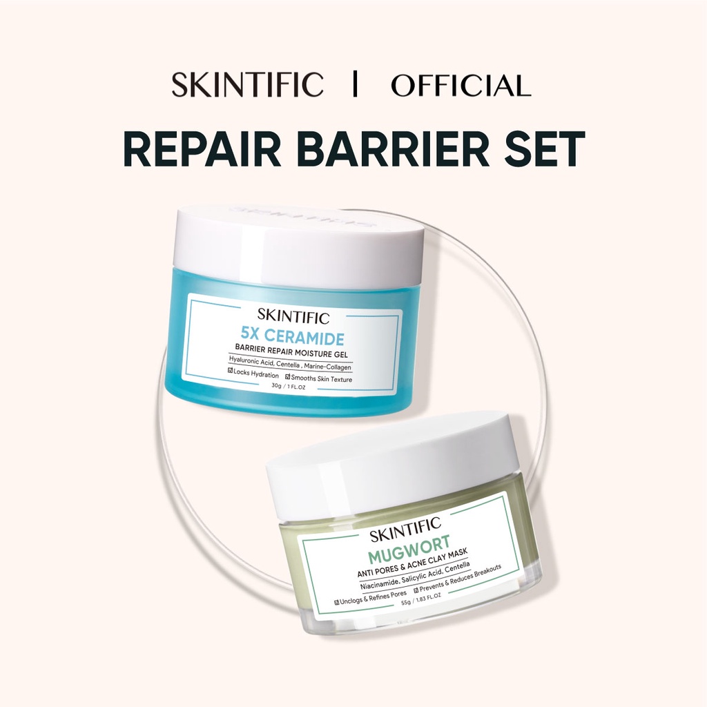 SKINTIFIC Acne Repair Barrier Paket Skincare with 5x Ceramide Moisturizer Cream Pelembab Wajah + Mugwort Mask Anti Acne Mud Mask Masker Wajah