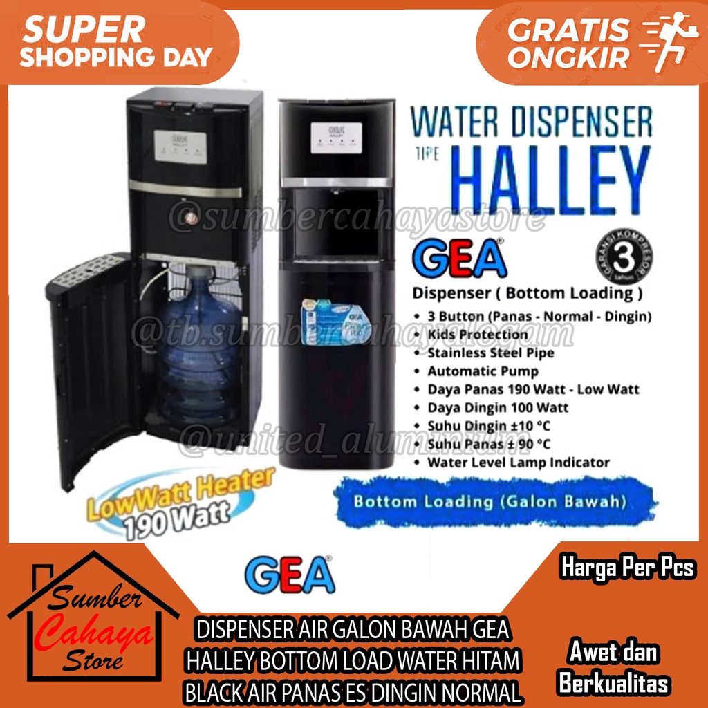 DISPENSER AIR GALON BAWAH GEA HALLEY BOTTOM LOAD WATER HITAM BLACK AIR PANAS ES DINGIN NORMAL HOT CO