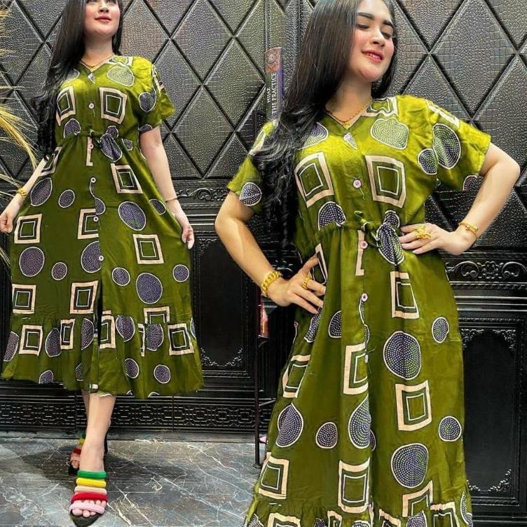 RUS.22De22ᵞ • DRES ANDIN MOTIF KOPI/DRES LENGAN PENDEK/DRES TALI PINGGANG